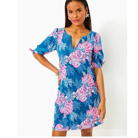 Lilly Pulitzer Easley Short Sleeve Blue Floral For The Fans Dress XXL - Picture 1 of 7